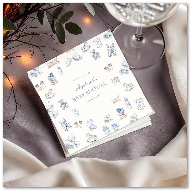 Toile De Jouy Baby Shower Blue Bow Boy Napkins (Toile De Jouy Baby Shower Blue Bow Boy Napkin)