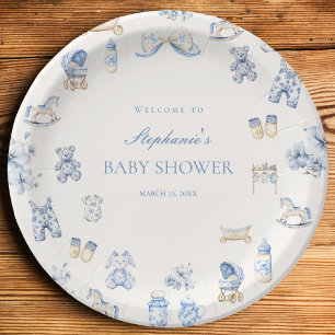 Toile De Jouy Baby Shower Blue Bow Boy Paper Plates