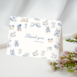 Toile De Jouy Baby Shower Blue Bow Boy Thank You Card