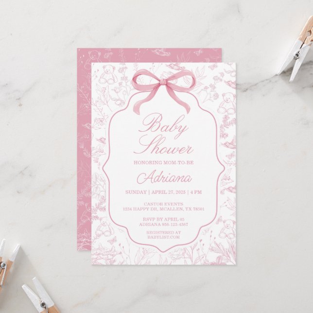 Toile De Jouy Baby Shower rosa con invitación a Bo Invitation (Front/Back In Situ)