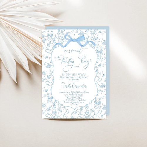 Toile De Jouy Baby Shower with Bow Boy Invitation