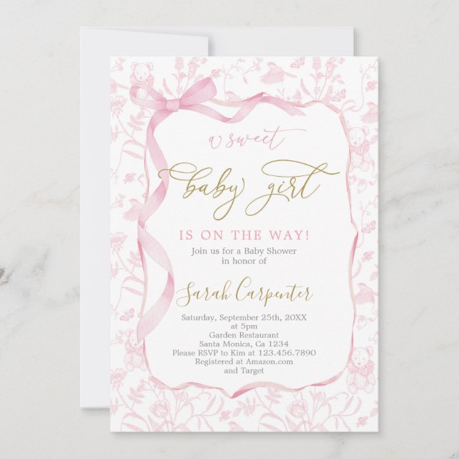Toile De Jouy Baby Shower with Bow Girl Invitation (Front)