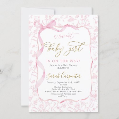 Toile De Jouy Baby Shower with Bow Girl Invitation