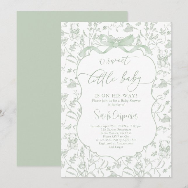 Toile De Jouy Baby Shower with Bow Invitation (Front/Back)