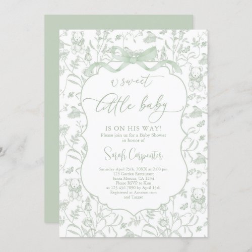 Toile De Jouy Baby Shower with Bow Invitation