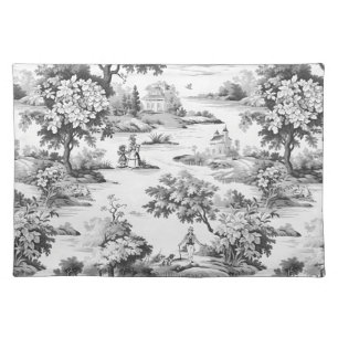 Toile de jouy,black and white,porcelain, cloth placemat