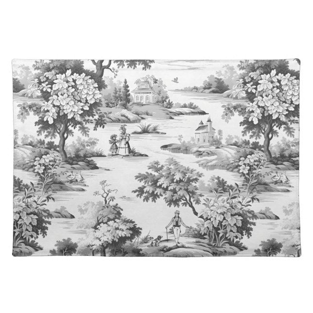 Toile de jouy,black and white,porcelain, cloth placemat (Front)