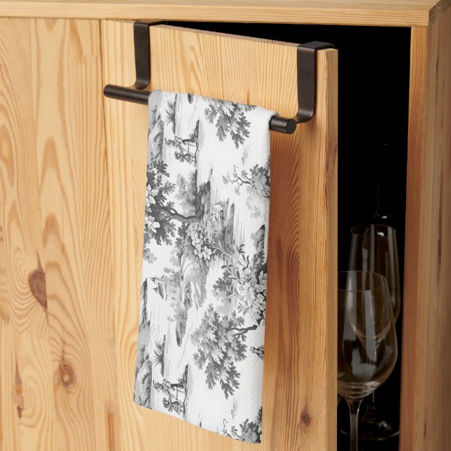Toile de jouy,black and white,porcelain, kitchen towel (Thirds Fold)