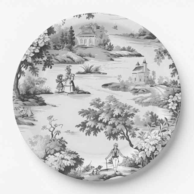 Toile de jouy,black and white,porcelain, paper plates (Front)