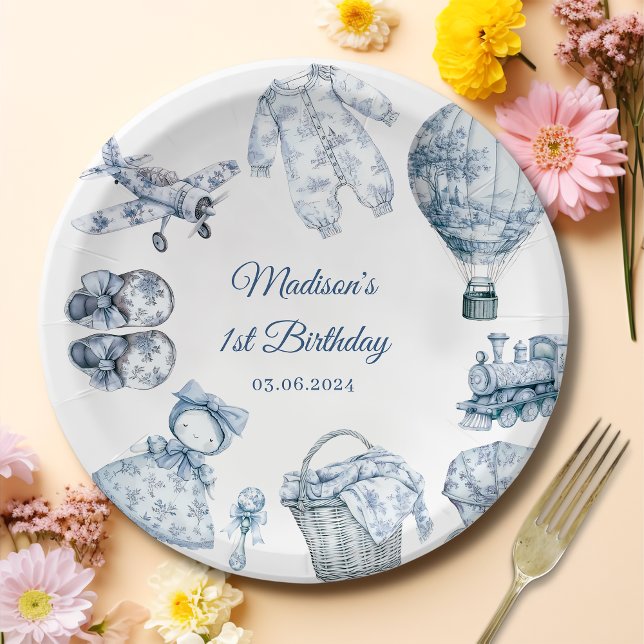 Toile De Jouy Blue Birthday Party Paper Plates (Creator Uploaded)