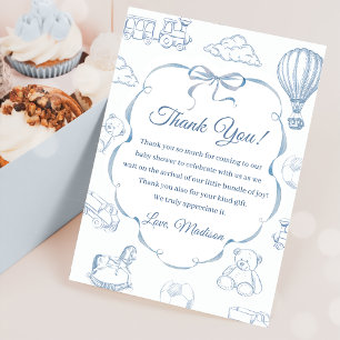 Toile De Jouy Blue Bow Baby Shower Thank You Card