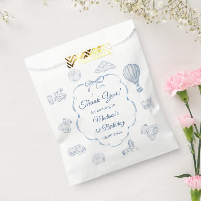 Toile De Jouy Blue Bow Birthday Party  Favor Bag (Sealed)