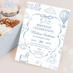 Toile De Jouy Blue Bow Birthday Party  Invitation