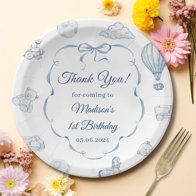 Toile De Jouy Blue Bow Birthday Party Paper Plates (Creator Uploaded)