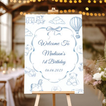 Toile De Jouy Blue Bow Birthday Party Welcome Sign