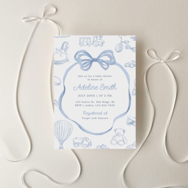Toile de Jouy Blue Bow Chinoiserie Boy Baby Shower Invitation (Creator Uploaded)