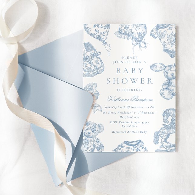 Toile de Jouy Blue Boy Baby Shower Invitation (Creator Uploaded)
