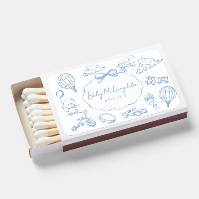 Toile De Jouy Blue Boy Baby Shower Matchboxes (Front Open)