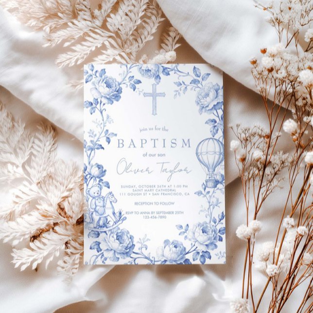 Toile De Jouy Blue  Boy Baptism Invitation (Creator Uploaded)