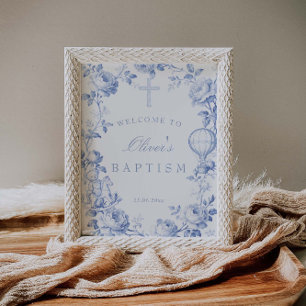 Toile De Jouy Blue Boy Baptism Welcome Poster