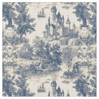 Toile de Jouy Blue Castle on Aged Ivory Fabric