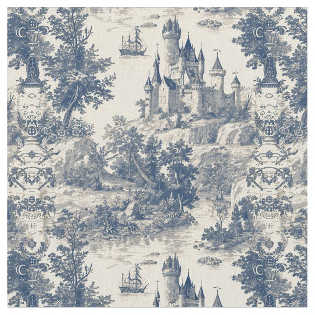 Toile de Jouy Blue Castle on Aged Ivory Fabric (Close Up)