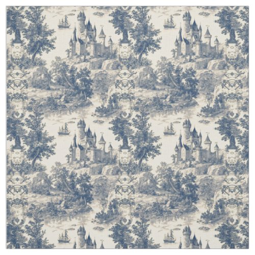 Toile de Jouy Blue Castle on Aged Ivory Fabric