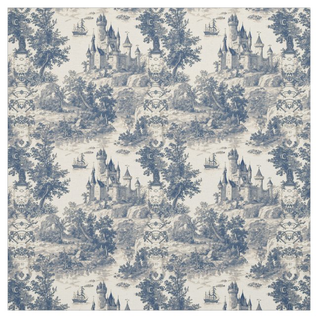Toile de Jouy Blue Castle on Aged Ivory Fabric (Swatch)