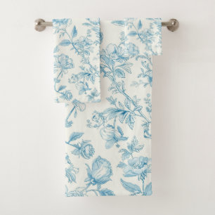 Toile de jouy Blue Chinoiseries Peonies Floral  Bath Towel Set