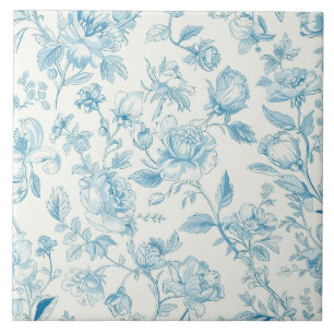 Toile de jouy Blue Chinoiseries Peonies Floral Ceramic Tile