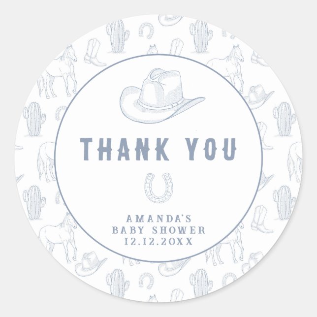 Toile de Jouy Blue Cowboy Western Baby Shower Classic Round Sticker (Front)