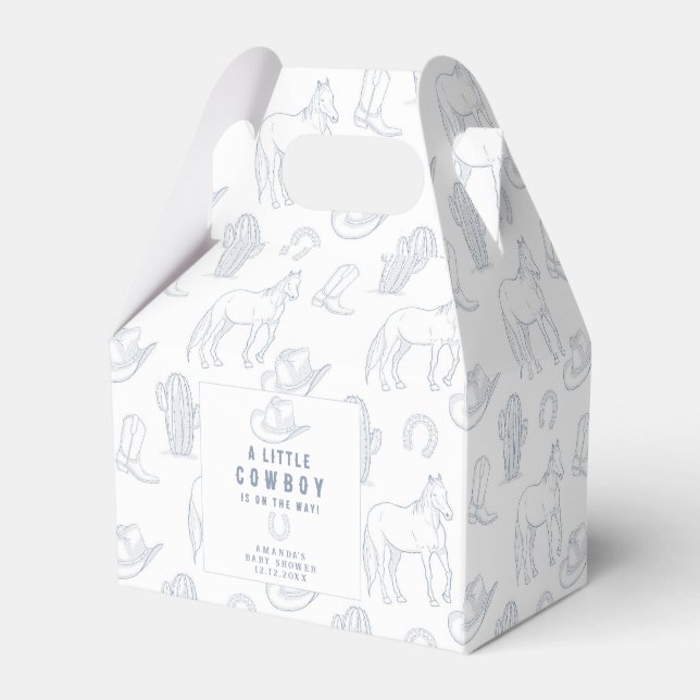 Toile de Jouy Blue Cowboy Western Baby Shower Favor Boxes (Front Side)