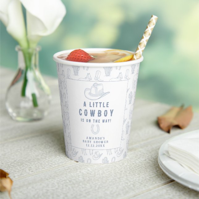 Toile de Jouy Blue Cowboy Western Baby Shower Paper Cups (Insitu)