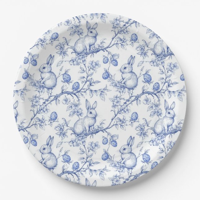 Toile De Jouy Blue Easter Bunny Paper Plates (Front)