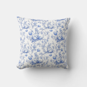Toile De Jouy Blue Easter Bunny Throw Pillow