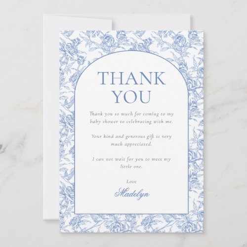 Toile de Jouy Blue Floral Boy Baby Shower Thank You Card