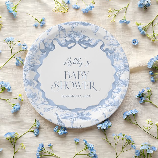 Toile de Jouy Blue Safari Animals Baby shower Paper Plates (Creator Uploaded)