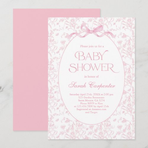 Toile De Jouy Bow Baby Shower Girl Invitation