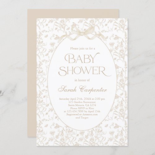 Toile De Jouy Bow Baby Shower neutral Invitation