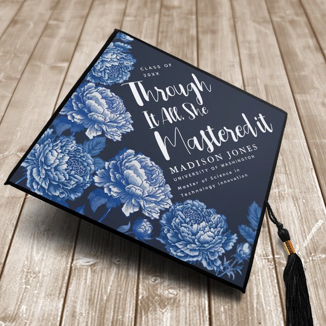 Toile De Jouy Bue Peony She Mastered It  Graduation Cap Topper (Creator Uploaded)