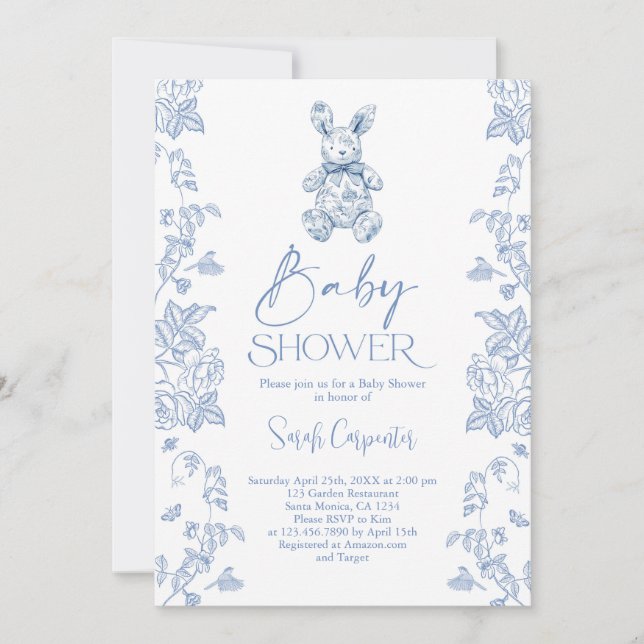 Toile De Jouy Bunny Baby Shower Boy Invitation (Front)