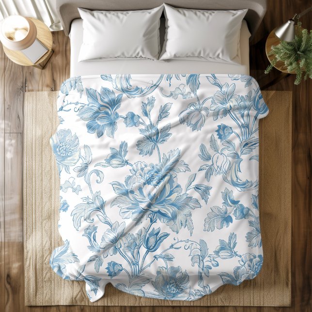 Toile-de-jouy Chinoiseries Blue Floral Pattern Fleece Blanket (Creator Uploaded)