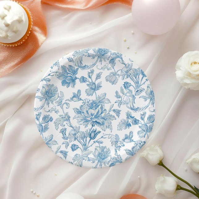 Toile-de-jouy Chinoiseries Blue Floral Pattern Paper Plates (Creator Uploaded)