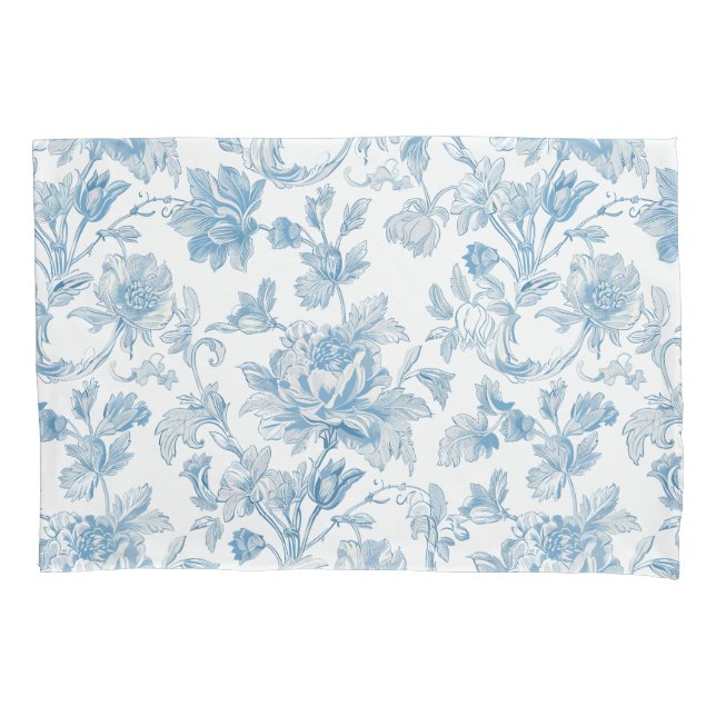 Toile-de-jouy Chinoiseries Blue Floral Pattern Pillow Case (Front)