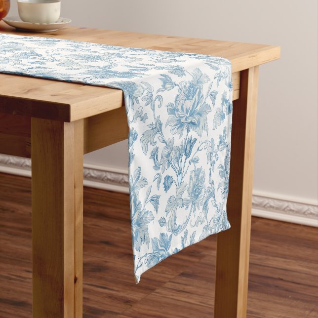 Toile-de-jouy Chinoiseries Blue Floral Pattern Short Table Runner (In Situ)