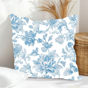 Toile-de-jouy Chinoiseries Blue Floral Pattern Throw Pillow