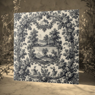 Toile De Jouy Countryside Floral Motif Monochrome Ceramic Tile