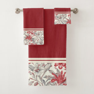 Toile de Jouy Deep Red and Grey Floral Lilies Bath Towel Set