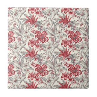 Toile de Jouy Deep Red and Subtle Grey Floral Ceramic Tile