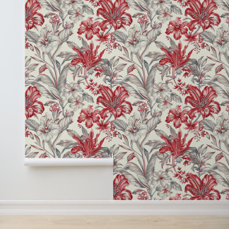 Toile de Jouy Deep Red and Subtle Grey Floral Wallpaper